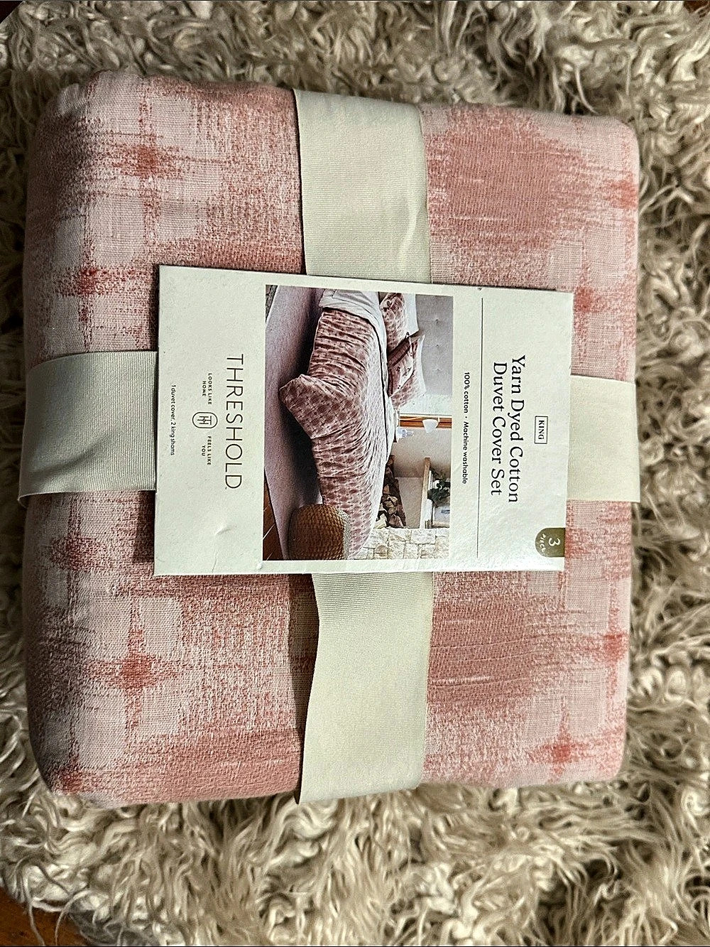 Threshold Yarn Dyed Cotton Duvet Cover Set King Cotton Pink & Cream NWT